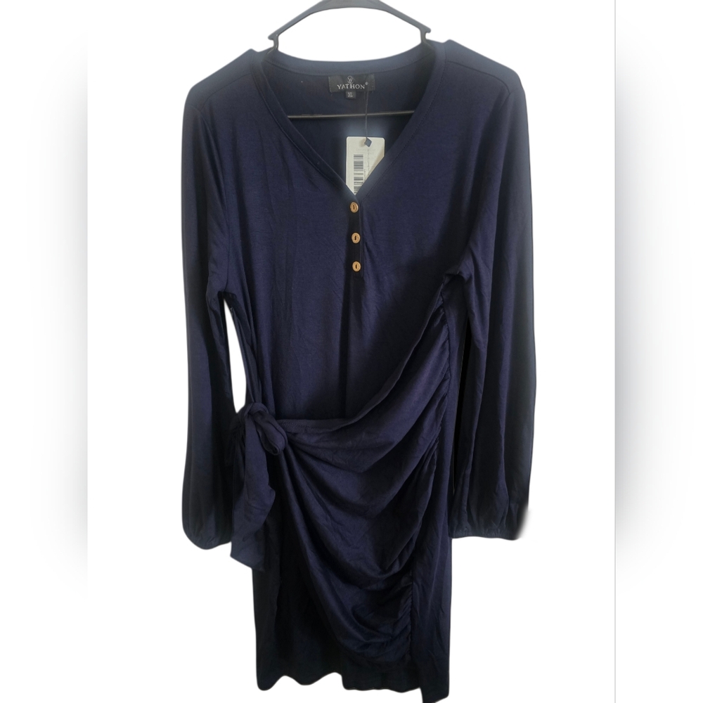 Navy Long Sleeve Dress with Button Detail